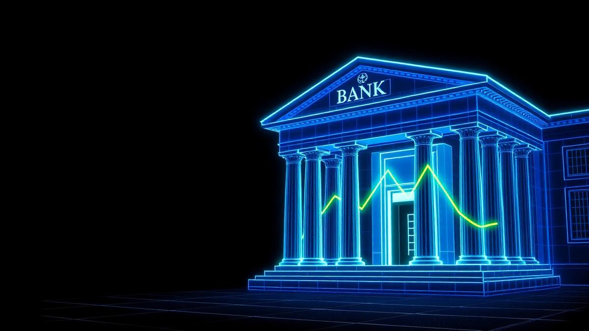 Wireframe central bank facade with an interest-rate curve