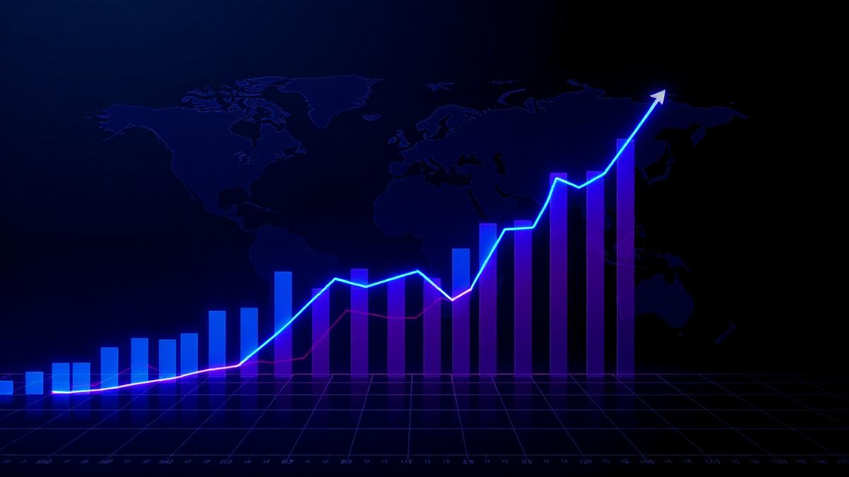 Macroeconomic bar chart and trend line over a world map contour